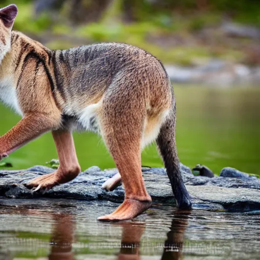 Prompt: close up photo of a rare thylacine, drinking water from a lake in tasmania, bokeh, 1 0 0 mm lens, 4 k. 8 k hd. award winning nature photography. cover of national geographic