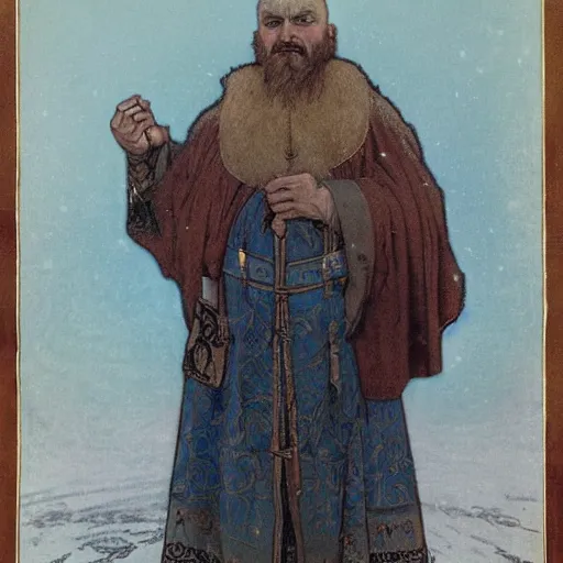 Image similar to portrait of bald, middle-aged Slavic Viking priest wearing thick fur collar and vestments, and standing tall in the blizzard, with fading blue woad tattoos on forehead, head, and cheeks, portrait by Anato Finnstark, Alphonse Mucha, and Greg Rutkowski