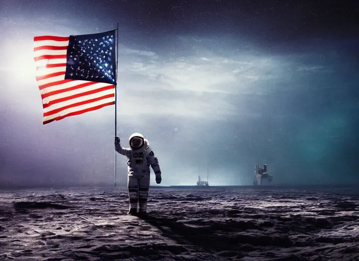 Image similar to astronaut holding a flag in an underwater desert. a submarine is visible in the distance. dark, concept art, cinematic, dramatic, atmospheric, 8 k, trending on artstation, blue, fish, low visibility, light rays, extremely coherent, bubbles, fog, ocean floor, christopher nolan, interstellar