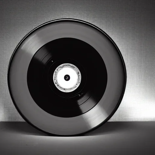 Image similar to a photograph of a black framed vinyl record, diffuse lighting