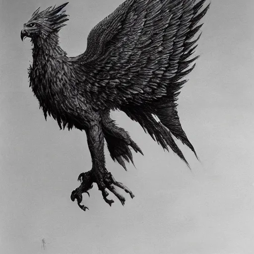 Prompt: griffon concept art, eagle head, lion body, eagle wings, beksinski
