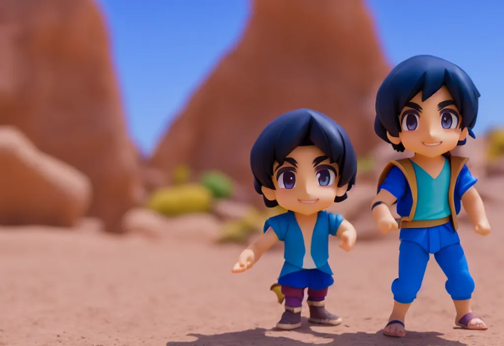 Prompt: young aladdin as nendoroid running in desert village, 8 k hd dof, kodak film,