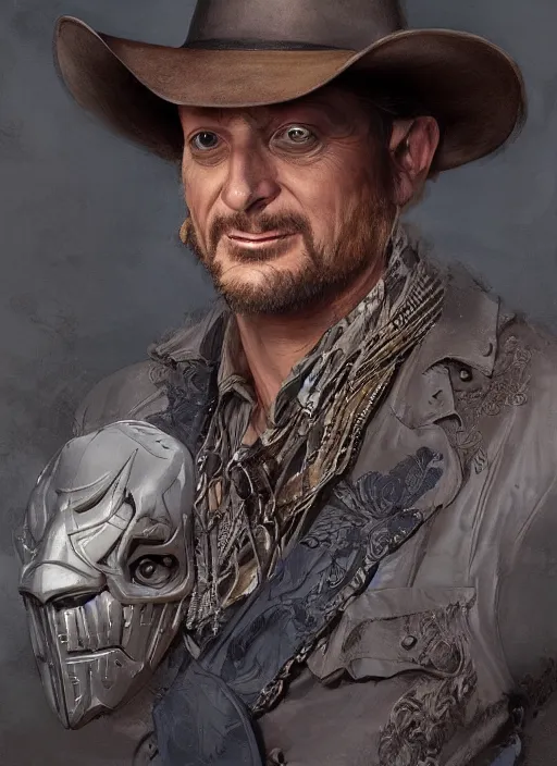 Image similar to Portrait Tim Robinson (from I Think You Should Leave) in a cowboy hat and eye mask disguise, marvel comics, dark, intricate, highly detailed, smooth, artstation, digital illustration by Ruan Jia and Mandy Jurgens and Artgerm and Wayne Barlowe and Greg Rutkowski and Frank Frazetta