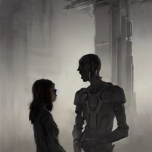 Image similar to concept art by greg rutkowski, a very tall and slender cyborg, talking to a short woman dressed in a utilitarian black and white jumpsuit, high tech and futuristic white walled environment, unnatural lighting, uncanny atmosphere, frightening and creepy atmosphere, scifi, highly detailed portrait, digital painting, artstation, concept art, smooth, sharp foccus ilustration, artstation hq