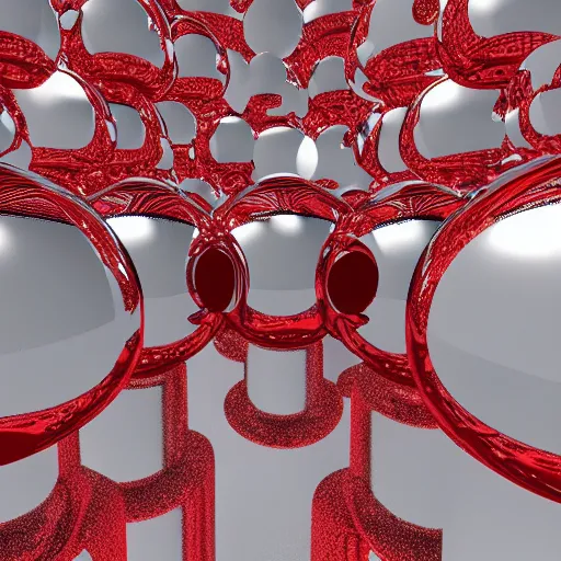 Prompt: chrome spheres on a red cube, ray tracing