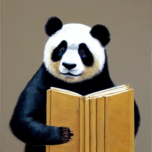 Image similar to Oil Painting of an anthropomorphic Panda Bear Holding a book and a pair of dividers in a science-lab with fantastic creations around him, concept art, highly detailed, hyperrealism, 4k rendering - C 9