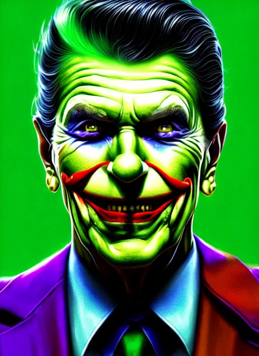 Image similar to portrait of ronald reagan as the joker, green hair, intricate, elegant, glowing lights, highly detailed, digital painting, artstation, concept art, sharp focus, illustration, art by wlop, mars ravelo and greg rutkowski