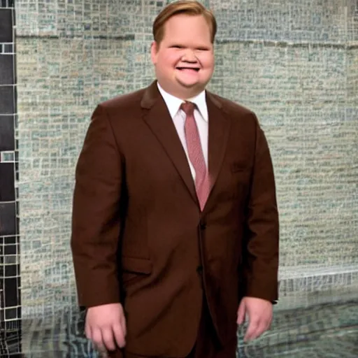 Image similar to Andy Richter is wearing a chocolate brown suit and necktie. Andy is standing under the running water of a shower head. Water is dripping from the suit and necktie.