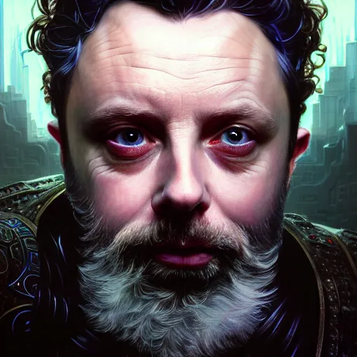 Prompt: portrait painting of a cyberpunk dwarf mage michael sheen, ultra realistic, concept art, intricate details, eerie, highly detailed, photorealistic, octane render, 8 k, unreal engine. art by artgerm and greg rutkowski and charlie bowater and magali villeneuve and alphonse mucha