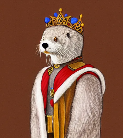 Prompt: master furry artist pastel pencil drawing full body portrait character study of the anthro male anthropomorphic otter fursona animal person wearing crown and cape royal western king regal intricate ornate