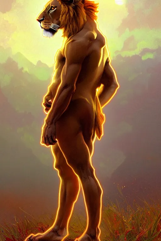 Image similar to full figure beautiful young fit antrophomorphic male lion, dressed with multicolored fluent clothes, luminous scene, by greg rutkowski and alphonse mucha, d & d character, gradient red to gold, in front of a dune desert background, highly detailed portrait, digital painting, artstation, concept art, smooth, sharp focus illustration, artstation hq