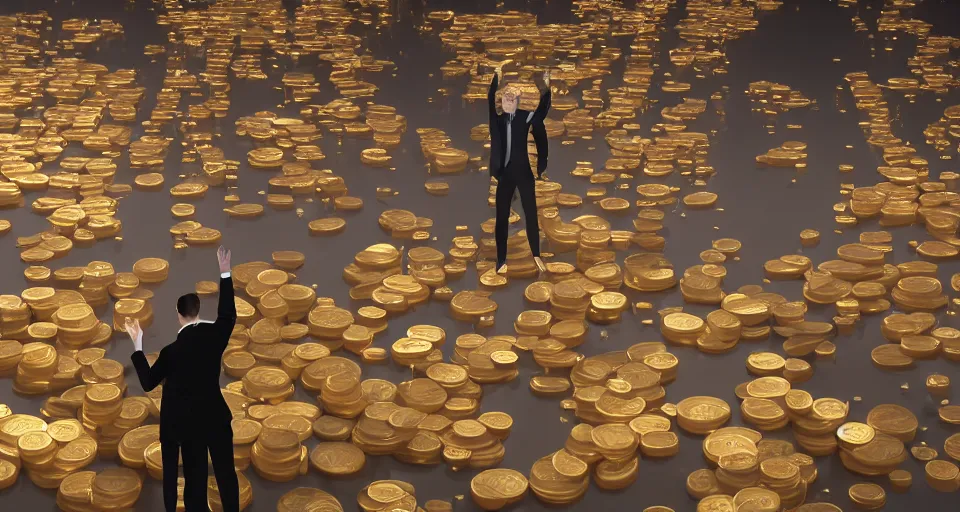 Image similar to Dramatic photo of a CEO waving to a large group of his coworkers in a futuristic office. Golden coins are levitating all around them. 8k, high detail, trending on Artstation, volumetric lighting, cyberpunk