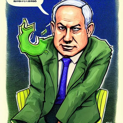 Image similar to A portrait of Benjamin Netanyahu as a green villain sitting in his office, money-themed, by Jim Lee, comic illustration, detailed