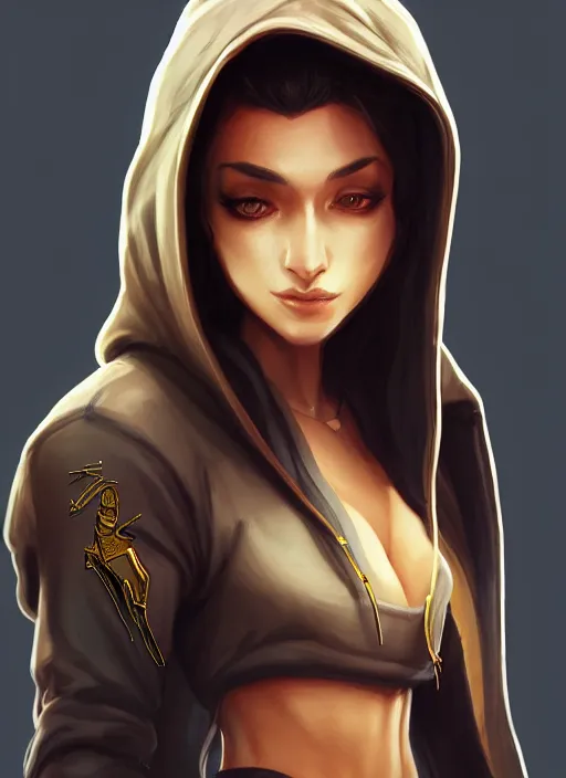 Prompt: pretty woman wearing an anubis hoodie, highly detailed, artgerm style, artstation, soft light, sharp focus, illustration, character design, concept art