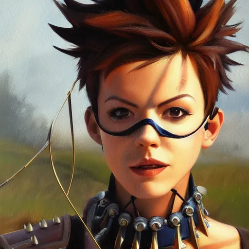 Image similar to oil painting of tracer overwatch in a field wearing spiked collar around neck, in style of peter kemp, expressive face, wearing choker with spikes, steel collar, detailed face, detailed eyes, full body, feminine face, tracer overwatch,