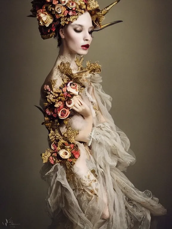 Image similar to a catholic veiled Princess who has rococo dramatic headdress with roses,by Annie Stegg and Jovana Rikalo and VICTOR NIZOVTSEV and Nekro and Billelis,avian-inspired,beaded embroidery,trending on pinterest,hyperreal,Kintsukuroi,gold,maximalist