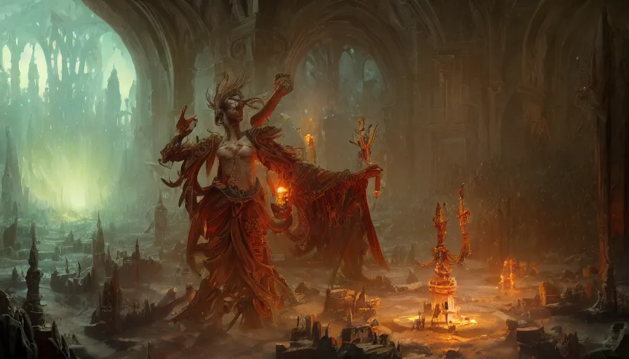 Prompt: A beautiful highly detailed epic painting of a necromancer conjuring a chaotic magic spell by greg rutkowski and thomas kinkade, Trending on artstation HD.