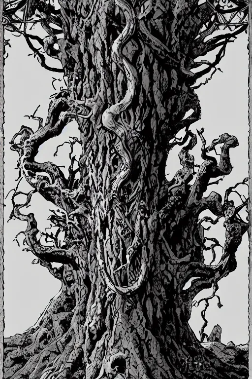 Prompt: Yggdrasil the tree of life by Mike Mignola and Richard Corben, trending on artstation, stylized, unreal engine, depth of field, subsurface scattering