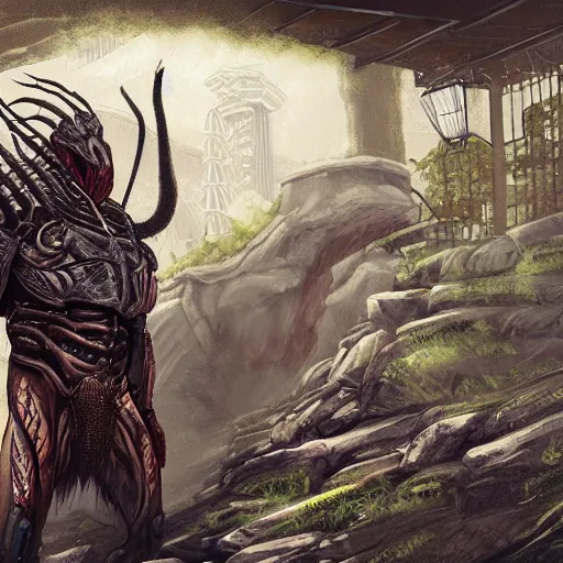 Prompt: digital paint of The Predator in an ancient Japanese town, trending on Artstation, hyperdetailed, alien tech armor