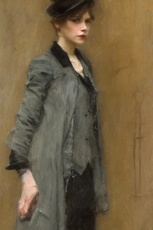 Image similar to Richard Schmid and Jeremy Lipking full length portrait painting of a young beautiful victorian detective woman