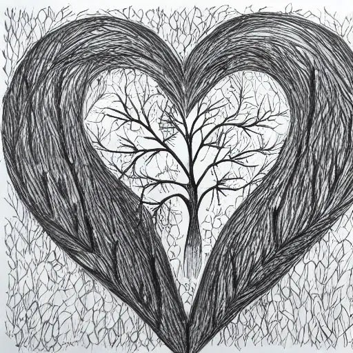 Prompt: heart of the forest, sketch, illustration, cross hatched, black ink on white paper