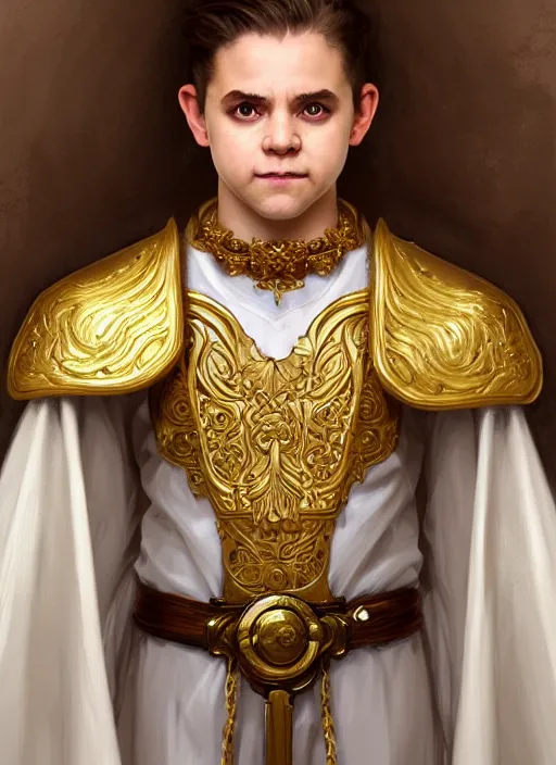 Prompt: symmetry!! portrait of a young halfling male cleric, white robe with gold accents, light brown hair pony tail, wry smirk, brown, gold and white cloak, necklace, elegant, highly detailed, digital painting, artstation, concept art, smooth, sharp focus, illustration, art by artgerm and greg rutkowski and alphonse mucha