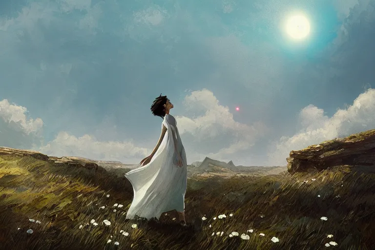 Image similar to giant white daisy flower blooming over head, girl standing on cliff, surreal photography, solar eclipse, stars, dramatic light, impressionist painting, clouds, digital painting, artstation, james gilleard, liam wong, jeremy mann, simon stalenhag