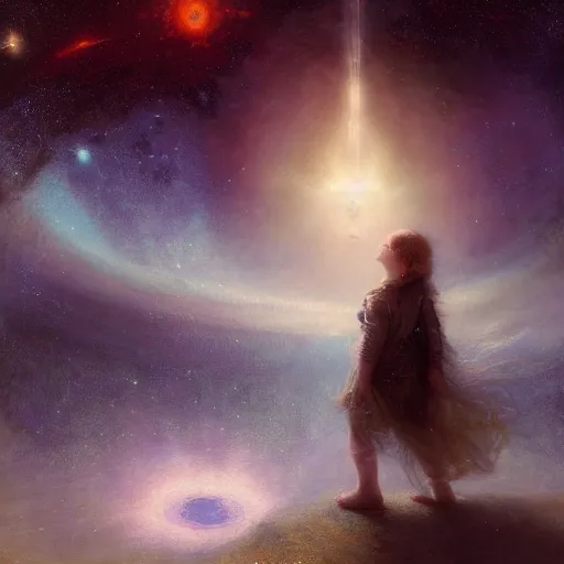 Image similar to a lonley and gloomy baby in middle of space surrounded by colorful stars planets and galaxies, high detail, by gaston bussiere, bayard wu, greg rutkowski, odd nerdrum, maxim verehin, dan dos santos, masterpiece, sharp focus, cinematic lightning