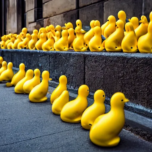 Prompt: a flock of rubber ducks on the city street
