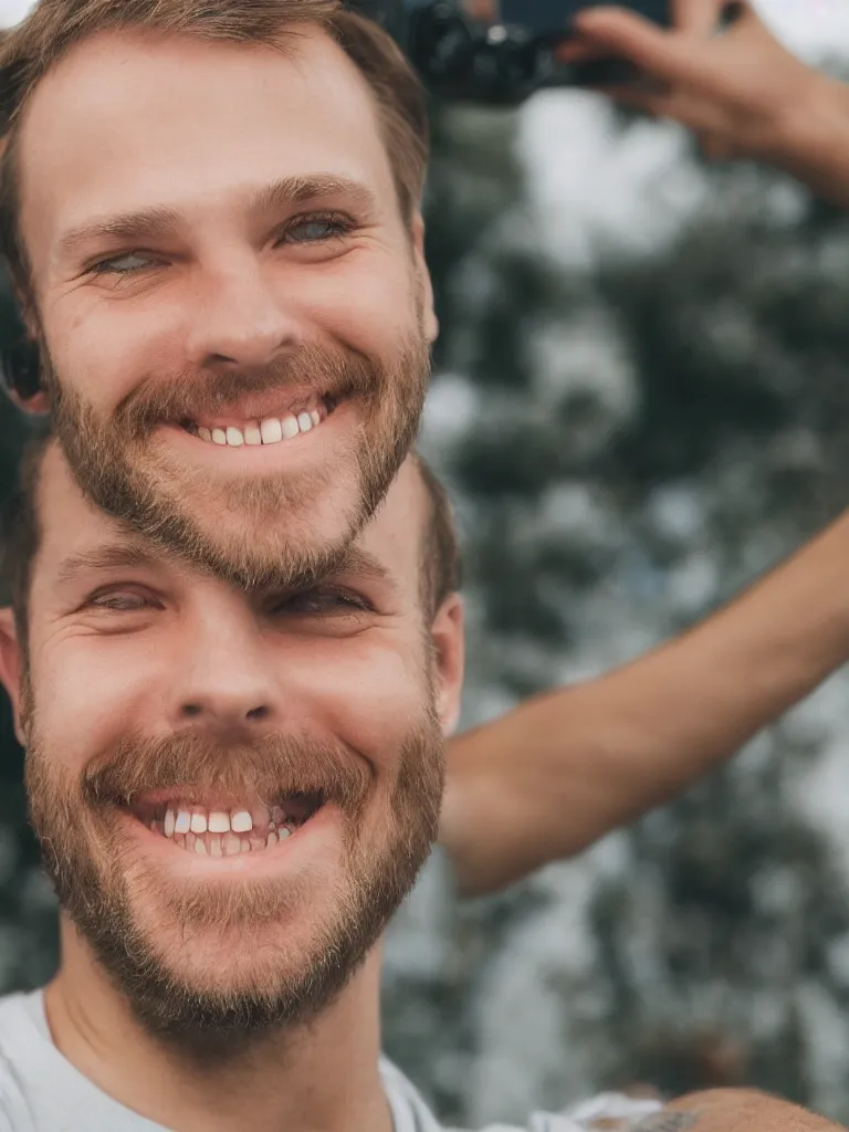 Prompt: photo of a white guy smiling, closeup, selfie, HD