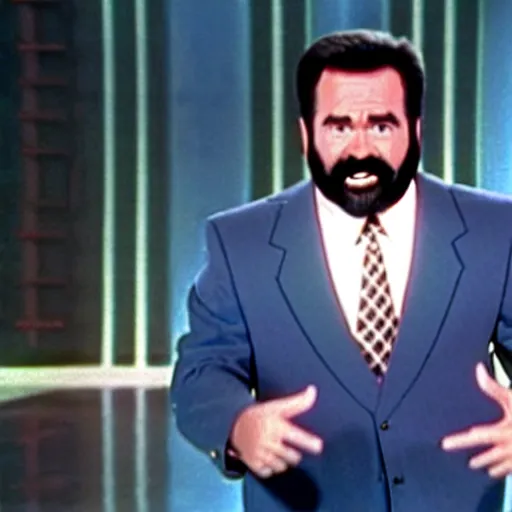 Image similar to Billy Mays hosting Jeopardy, VHS tape footage, 1991, the set of Jeopardy