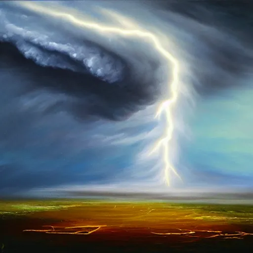 Image similar to a tornado shaped cloud, oil painting, award winning, dramatic lightning, UHD, 4k