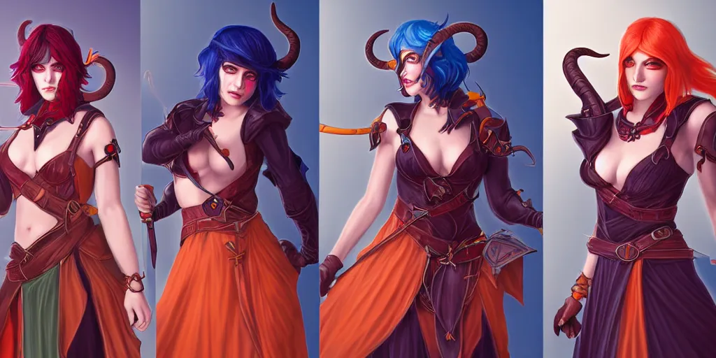 Image similar to triptych of youthful female feminine horned tiefling female bard with long bob cut blue hairstyle, her skin is orange and pale, and her eyes are pure black orbs, and she is wearing colorful leather armor by rossdraws,