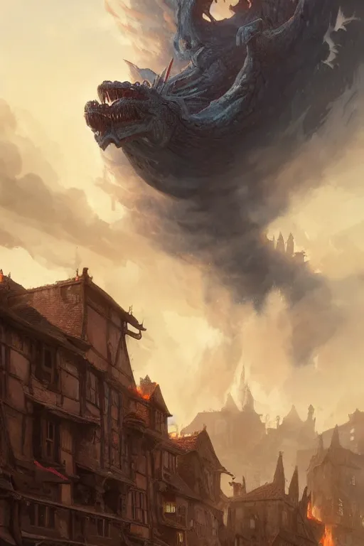 Image similar to a beautiful artwork illustration, a giant fire-breathing monster flying over a medieval village, destruction, by Greg Rutkowski and Jesper Ejsing and Raymond Swanland, featured on artstation, wide angle, vertical orientation
