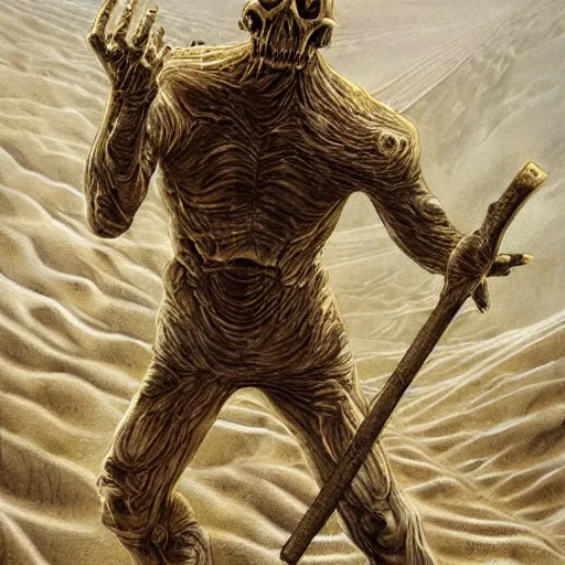 Prompt: buried in the shifting sands of some nameless world for eons. his empty eye sockets filled with dust and the moisture sucked from his shriveled paper skin. now, something else was inside him, making his stick - thin limbs move again. art by trevor henderson, horror art