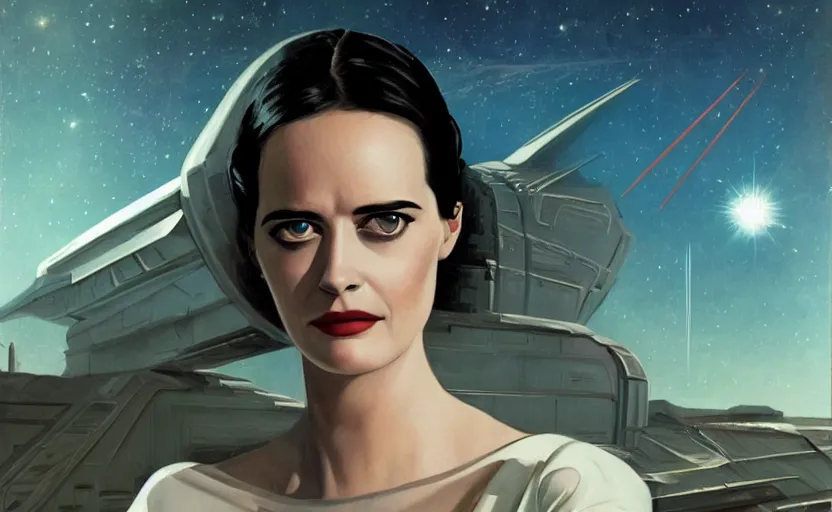 Image similar to Eva Green as a stunning , beautiful retro SCI-FI space heroine 1985 , star ship taking off in the background on the left side , movie poster, intricate, elegant, highly detailed, centered, digital painting, trending on artstation, concept art, smooth, sharp focus, illustration, art by raphael lacoste ,eddie mendoza ,alex ross, WLOP