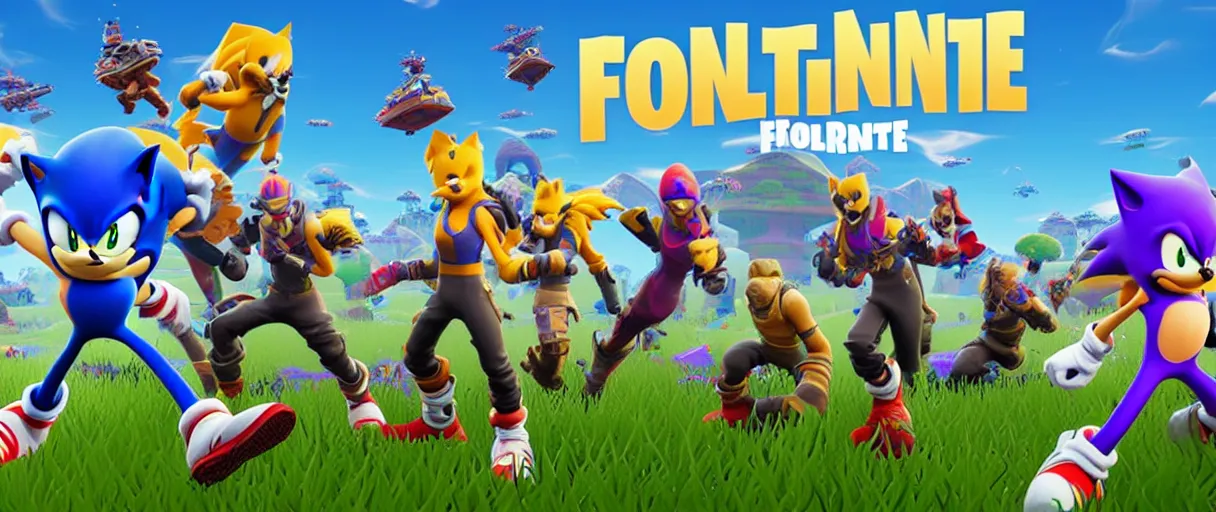 Prompt: sonic in fortnite announcement advertising