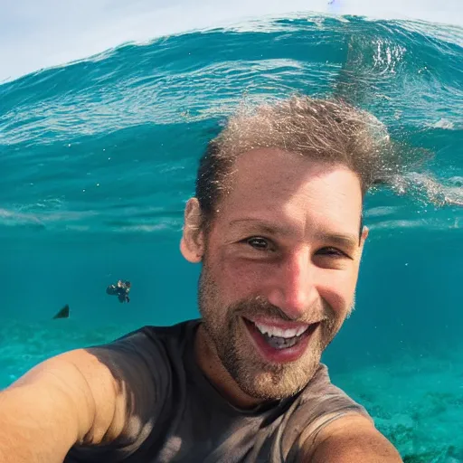 Image similar to national geographic photographer in the ocean taking a selfie smiling to the camera,