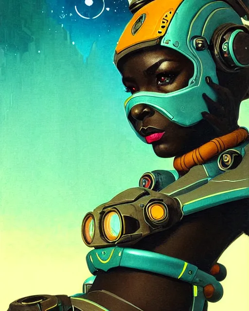 Prompt: sojourn from overwatch, african canadian, gray hair, teal eyes, character portrait, portrait, close up, concept art, intricate details, highly detailed, vintage sci - fi poster, retro future, vintage sci - fi art, in the style of chris foss, rodger dean, moebius, michael whelan, and gustave dore
