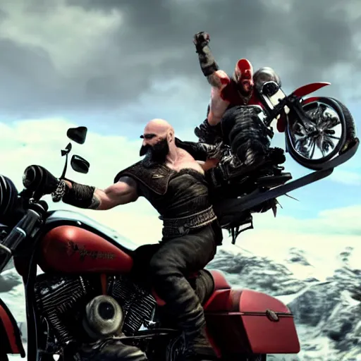 Image similar to kratos jumping a black harley - davidson motorcycle off a cliff, cinematic render, playstation studios official media, god of war 2 0 1 8