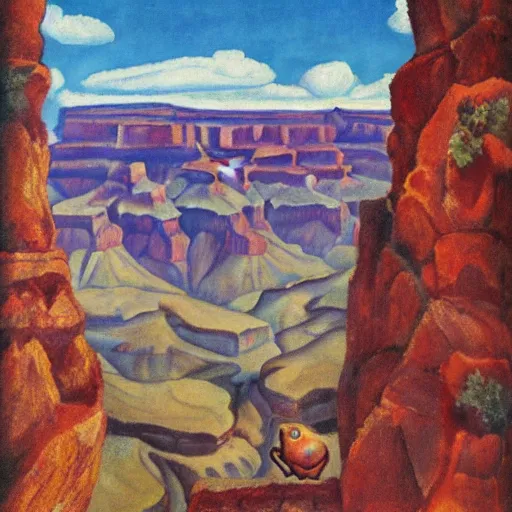 Prompt: Grand Canyon scene by Kahlo. FROG! FROG! FROG! FROG!