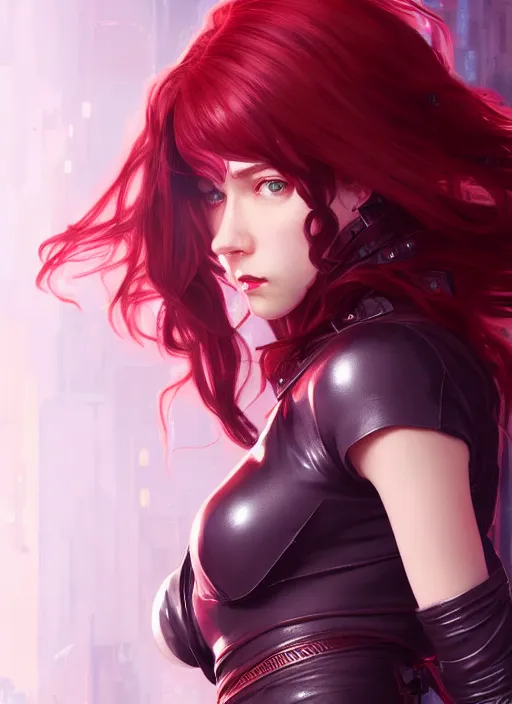 Image similar to pretty young woman with shoulder length shiny shimmering dark red hair and wearing leather suit, cyberpunk setting, path traced, highly detailed, high quality, digital painting, by studio ghibli and alphonse mucha, leesha hannigan, makoto shinkai, disney