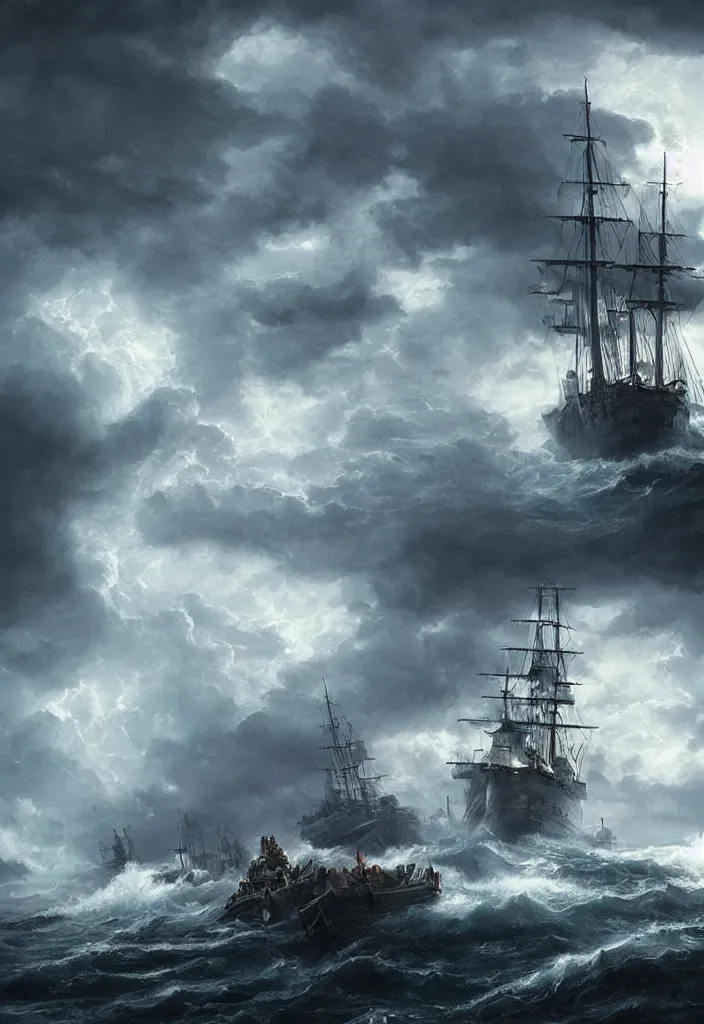 Image similar to intense ship persecution, ship being persecuted by a police ship over raging turbulent waters, hyper realistic, highly detailed, digital art, apocalyptic, intimidating lighting, raytracing, sharp focus, smooth, romanticism