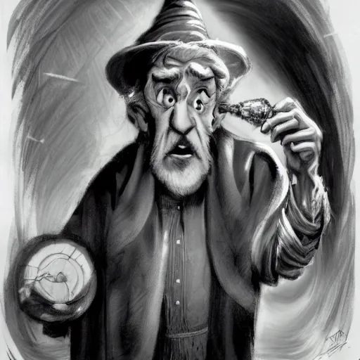 Prompt: exquisite portrait of an old wizard with a crystal wand, rodel gonzalez, marc davis, milt kahl, jim warren, don bluth, glen keane, jason deamer, rob kaz, character art, concept art