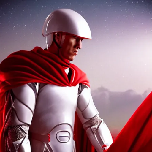 Image similar to portrait of a tall athletic muscular infantry man in glossy sleek white armor with tiny red details and a long red cape, heroic posture, on the surface of mars, night time, dramatic lighting, cinematic, sci-fi, hyperrealistic, movie still