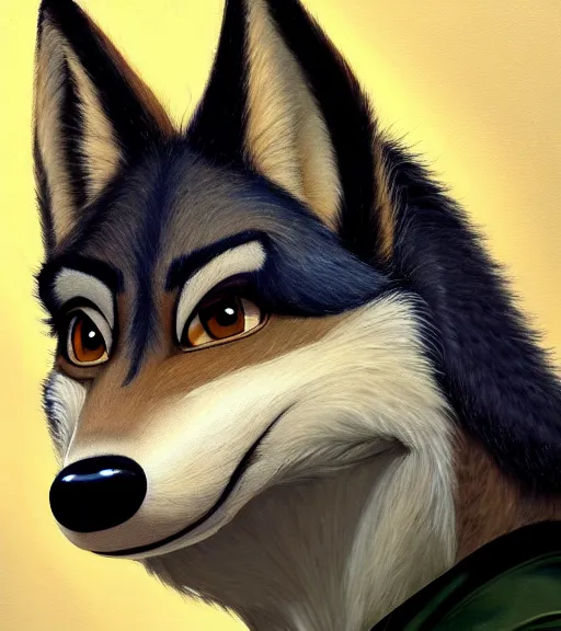 Image similar to oil painting headshot of anthromorphic female wolf, in style of zootopia, zootopia, zootopia, fursona, furry, furaffinity, 4 k, deviantart, furry art, fursona art, wearing black business suit, business suit, in style of zootopia, wolf fursona, cyberpunk, female, expressive detailed feminine face,