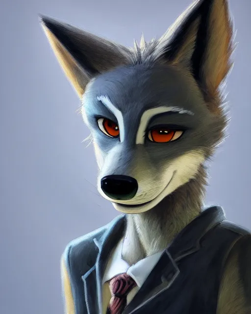 Image similar to dark oil painting of anthromorphic female wolf, in style of zootopia, zootopia, zootopia, fursona, furry, furaffinity, 4 k, deviantart, furry art, fursona art, wearing black business suit, business suit, in style of zootopia, wolf fursona, cyberpunk, female, very very very expressive detailed feminine face,