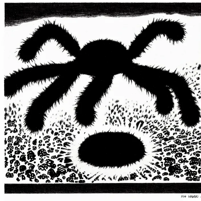 Image similar to a still frame from comic strip, black fluffy hairy furry spider on a clean background 1 9 5 0, herluf bidstrup, new yorker illustration, monochrome contrast bw, lineart, manga, tadanori yokoo, simplified,