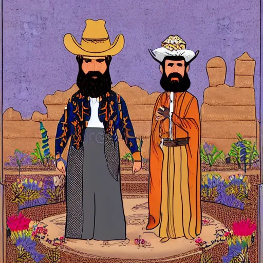 Image similar to bearded cowboy and persian emir standing in a palatial garden, persian folkore illustration