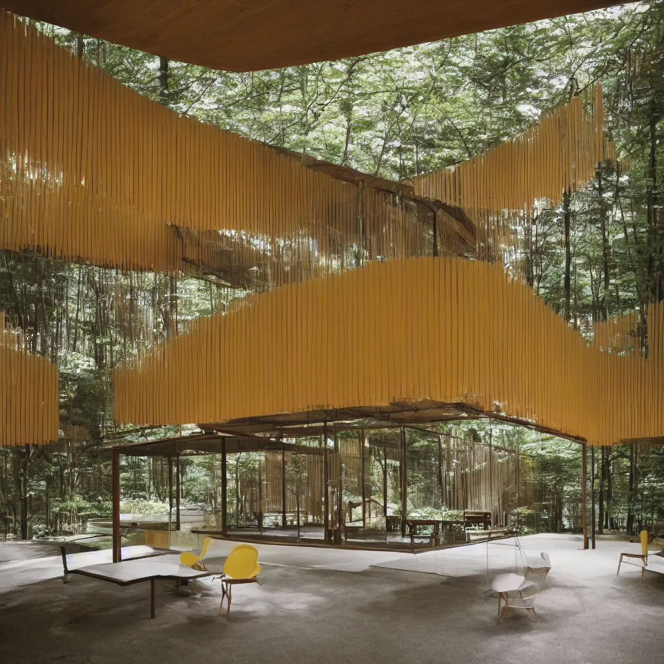 Image similar to architecture ad for a mid-century modern house, designed by Kengo Kuma. Film grain, cinematic, yellow hue